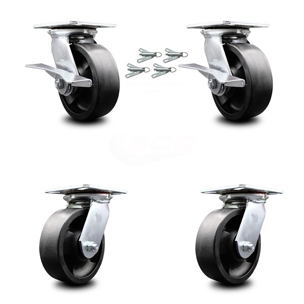Service Caster 6 Inch Glass Filled Nylon Caster Set with Roller Bearing 4 Swivel Lock 2 Brake SCC-35S620-GFNR-SLB-BSL-2-BSL-2 - main